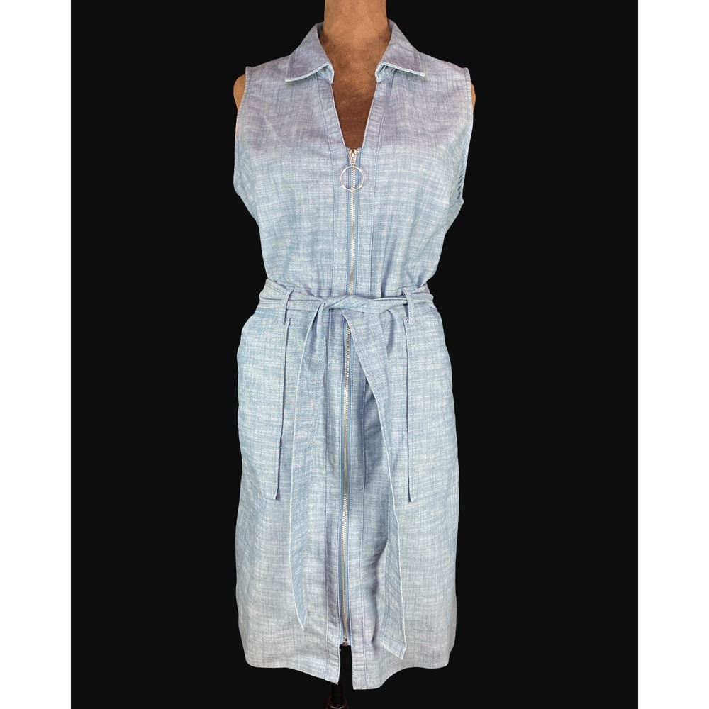 Sharagano Womens Blue Chambray Full Zip Sleeveless Belted Shirt Dress Size 10